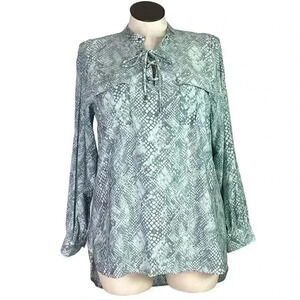 Haute Hippie Tribe Womens L Snake Print Lace Up Top Green Gray Roll Tab Sleeves
